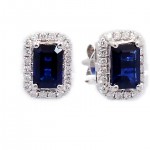 This is a picture of Emerald Cut Blue Sapphire Earrings with Diamond Halo