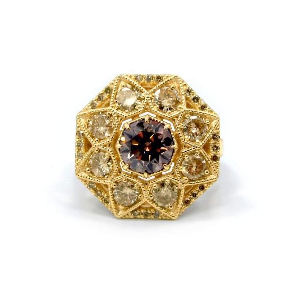 This is a picture of a Fancy Brown and Champagne Diamond Octagonal Ring