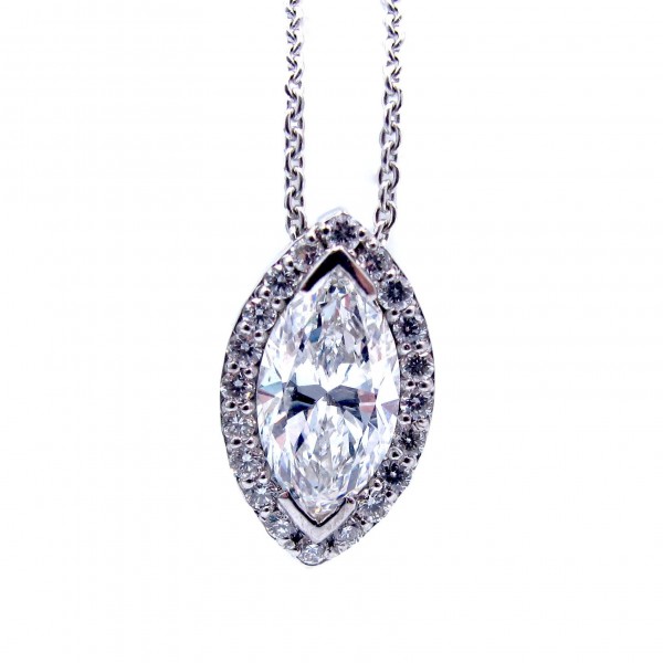 This is a picture of a Marquise Diamond Pendant with Halo in 14k White Gold
