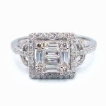 This is a picture of a Baguette and Round Diamond Ring with Square Shaped Halo