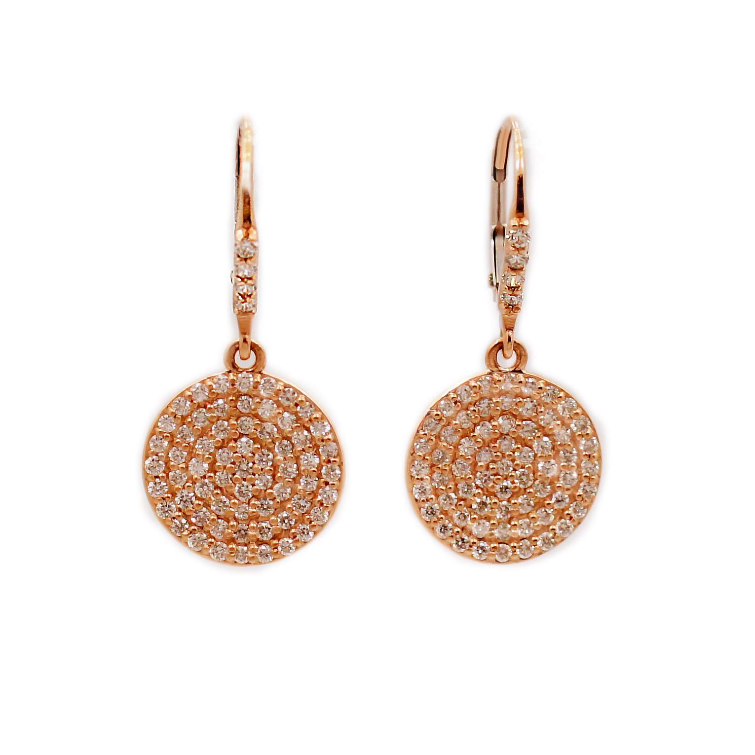 This is a picture of Pave Diamond Disc Earrings in 14k Rose Gold