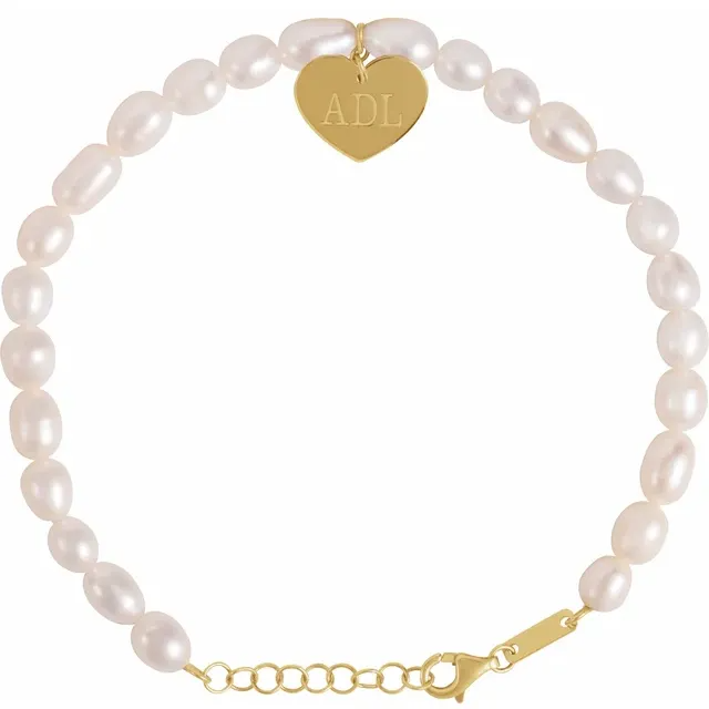 14K Yellow Cultured White Freshwater Pearl & Heart 7-8" Bracelet