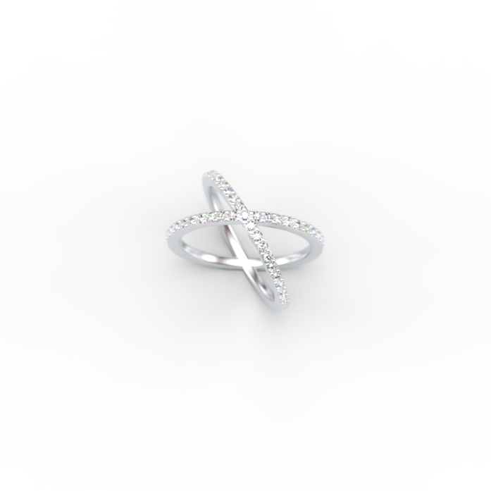 Two entwined silver rings with diamond pavé on a black background, forming a crossing design.