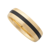 Gold band ring with a black central stripe and brushed finish, elegant and modern design.